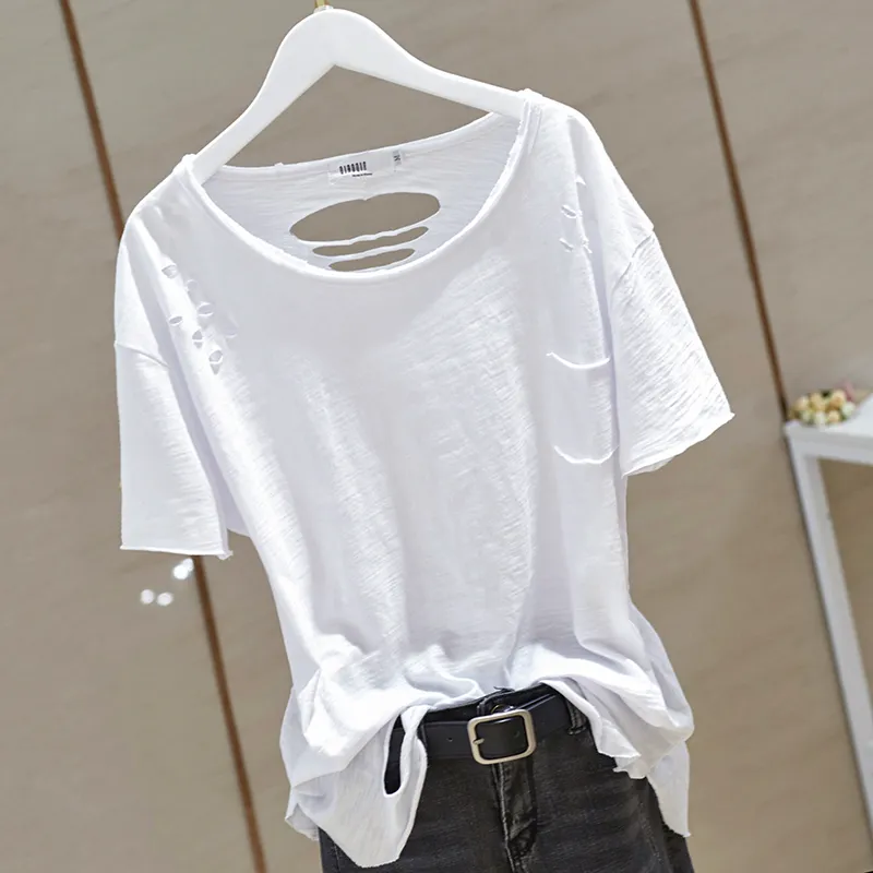 jpyuyuco-Summer white ripped short-sleeved t-shirt for women