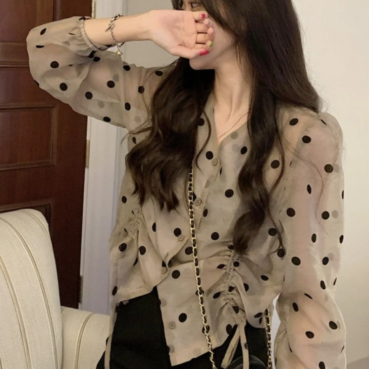 jpyuyuco-Polka Dot Blouse With Drawstrings