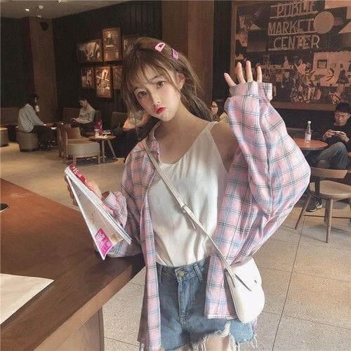 jpyuyuco-Plaid Shirt with Balloon Sleeves