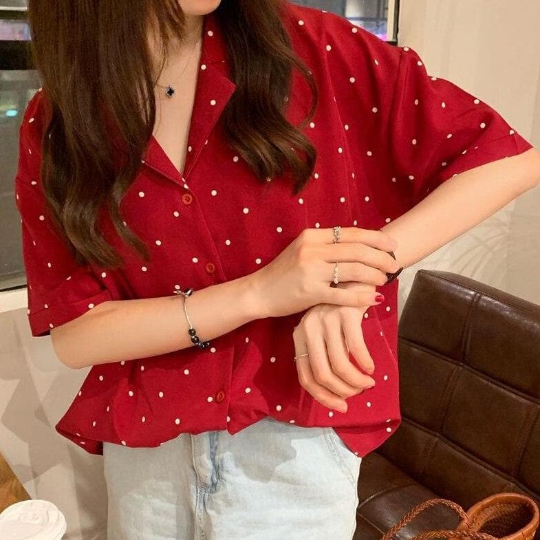 jpyuyuco-Button-Down Shirt With Polka Dots And Turn-Down Collar