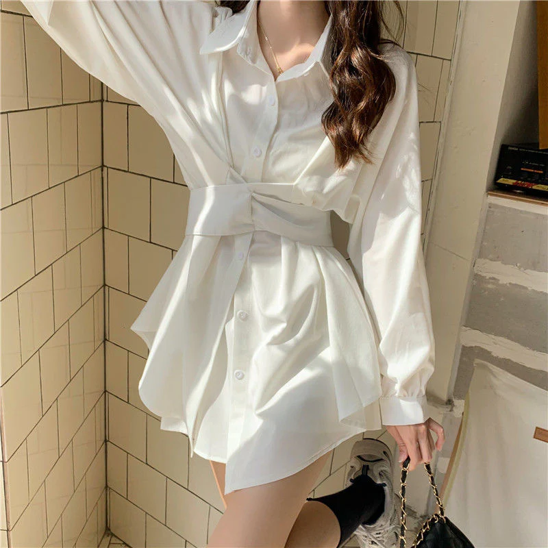 jpyuyuco-Buttoned Long Blouse/Dress with Belt Detail