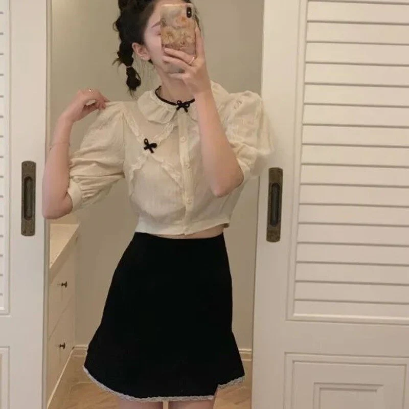 jpyuyuco-Button-Down Blouse With Puff Sleeves And Ribbons