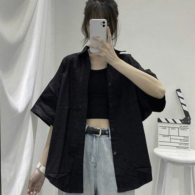 jpyuyuco-Oversized Button-Down Shirt With Wide Half Sleeves
