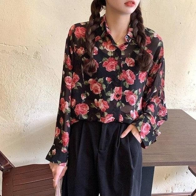 jpyuyuco-See-Through Button-Down Blouse With Floral Print (S to 4XL!)