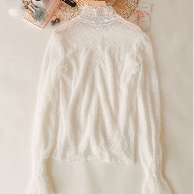 jpyuyuco-Transparent Blouse With Polka Dots And Flared Sleeves