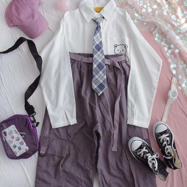 jpyuyuco-Buttoned Shirt With Bear Print And Plaid Tie