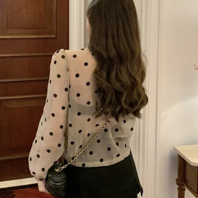jpyuyuco-Polka Dot Blouse With Drawstrings