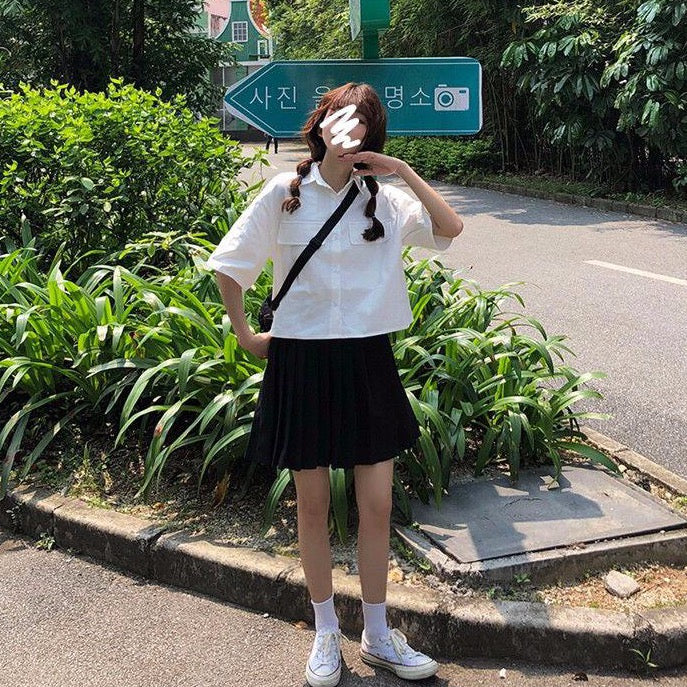 jpyuyuco-Button-Down Shirt With Half Sleeves