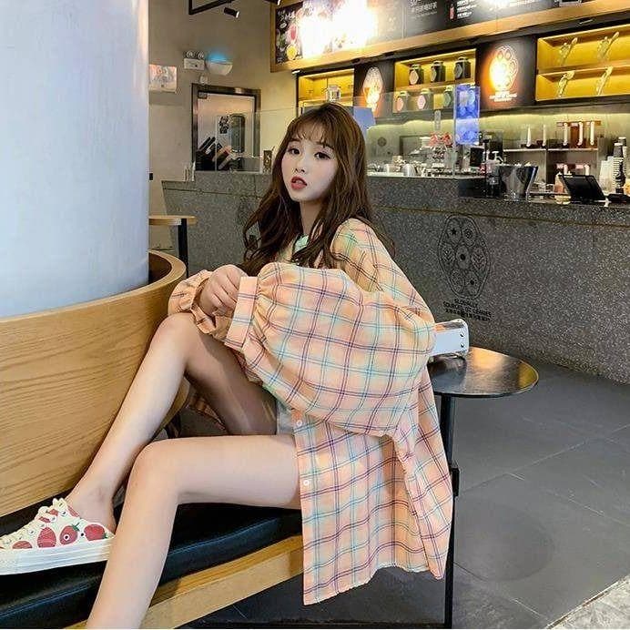 jpyuyuco-Plaid Shirt with Balloon Sleeves