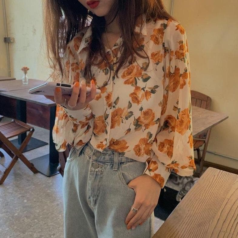 jpyuyuco-See-Through Button-Down Blouse With Floral Print (S to 4XL!)