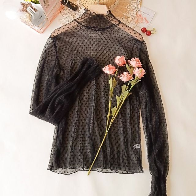 jpyuyuco-Transparent Blouse With Polka Dots And Flared Sleeves