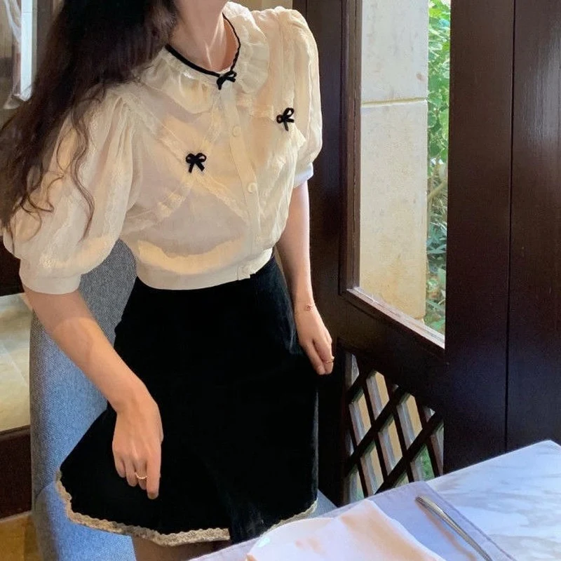 jpyuyuco-Button-Down Blouse With Puff Sleeves And Ribbons