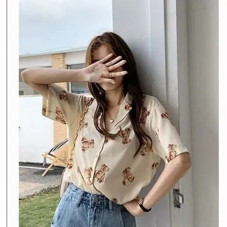 jpyuyuco-Chiffon Blouse With Teddy Bear Print