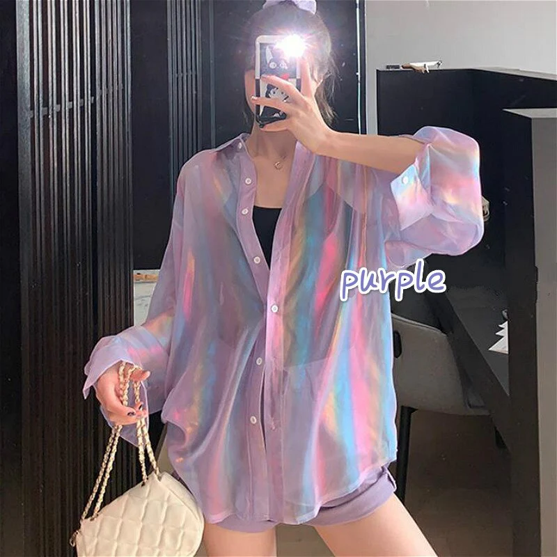 jpyuyuco-Transparent Button-Down Shirt With Holo Effect