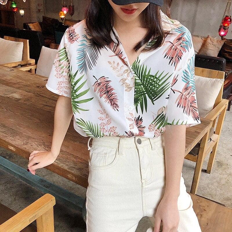 jpyuyuco-Shortsleeved Hawaii Shirt With Leaf Print