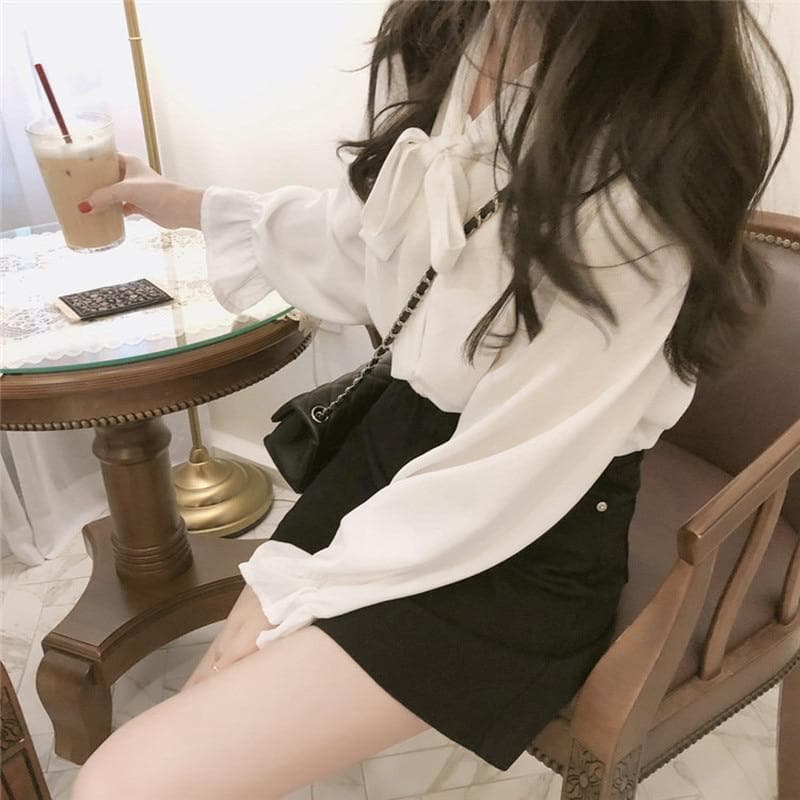 jpyuyuco-Bow Tie Chiffon Blouse