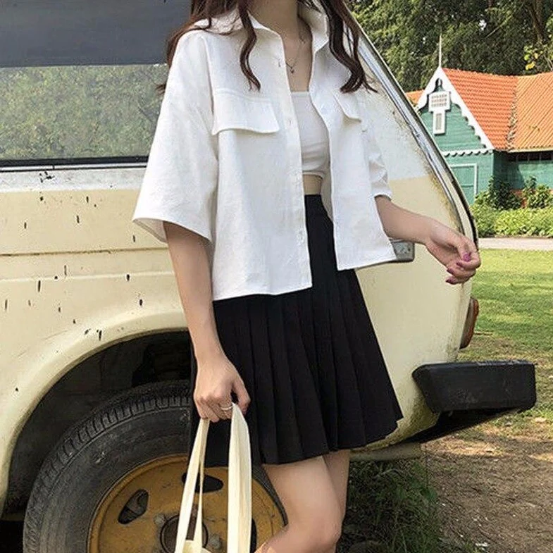 jpyuyuco-Button-Down Shirt With Half Sleeves