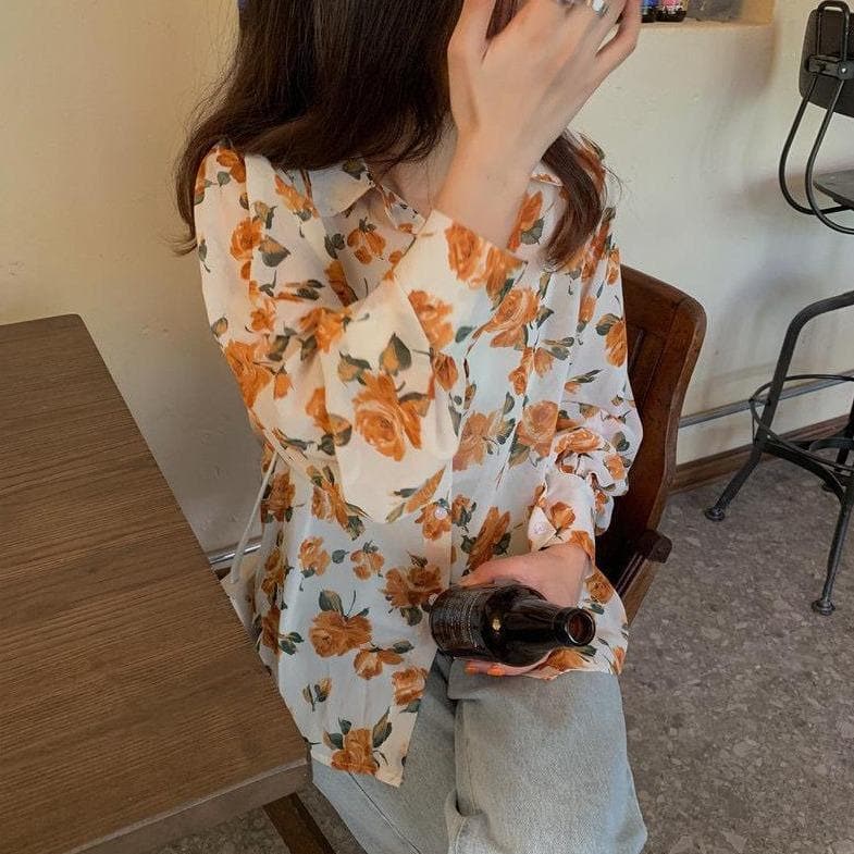 jpyuyuco-See-Through Button-Down Blouse With Floral Print (S to 4XL!)
