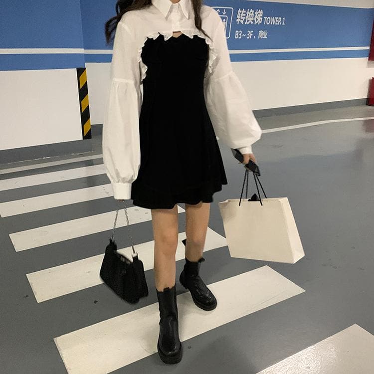 jpyuyuco-2-in-1 Mini Dress + Collared Shirt with Lantern Sleeves