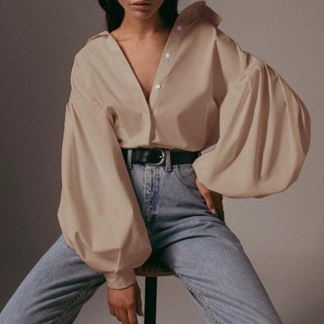 jpyuyuco-Button-Down Blouse With Puff Sleeves