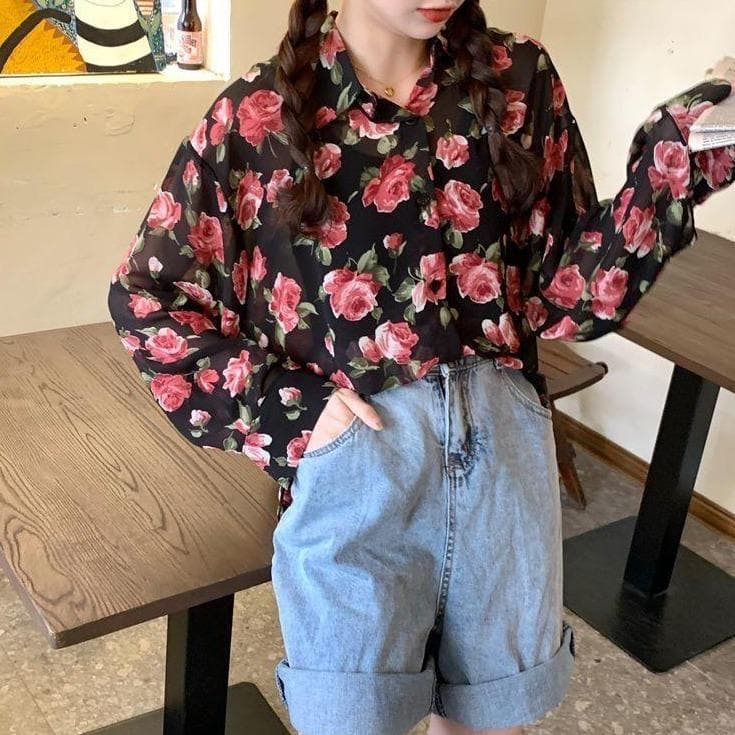 jpyuyuco-See-Through Button-Down Blouse With Floral Print (S to 4XL!)