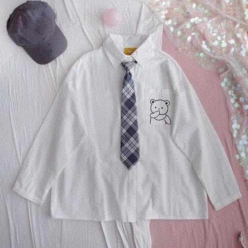 jpyuyuco-Buttoned Shirt With Bear Print And Plaid Tie