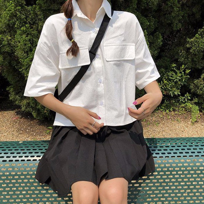 jpyuyuco-Button-Down Shirt With Half Sleeves