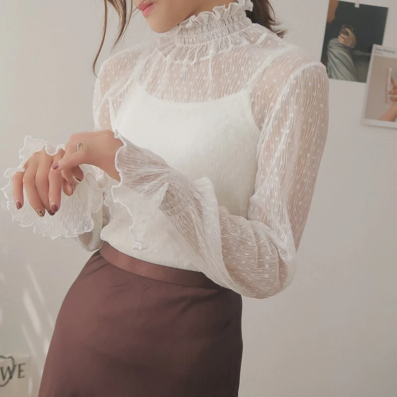 jpyuyuco-Transparent Blouse With Polka Dots And Flared Sleeves