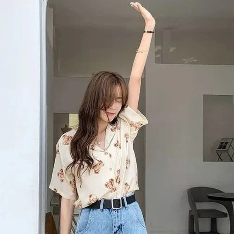 jpyuyuco-Chiffon Blouse With Teddy Bear Print