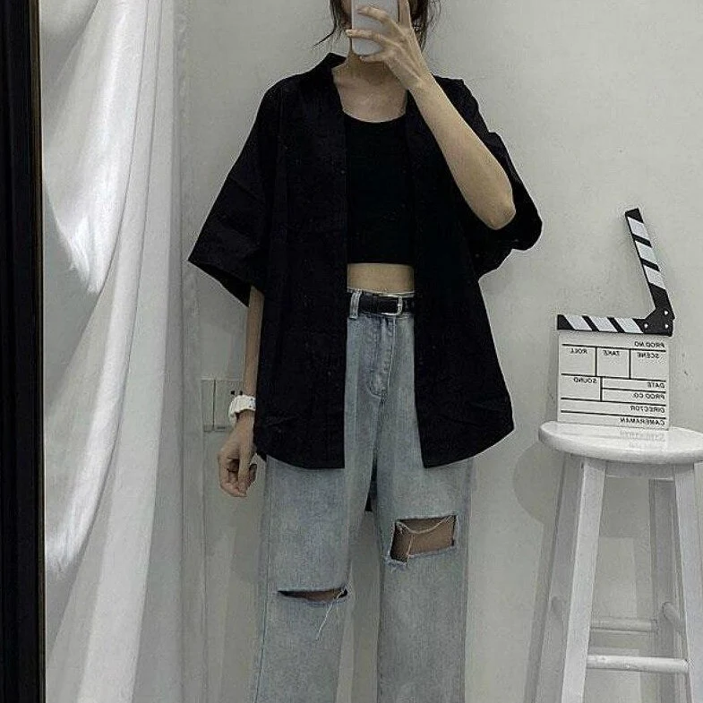 jpyuyuco-Oversized Button-Down Shirt With Wide Half Sleeves