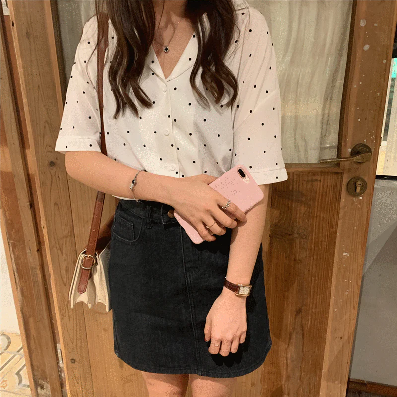jpyuyuco-Button-Down Shirt With Polka Dots And Turn-Down Collar