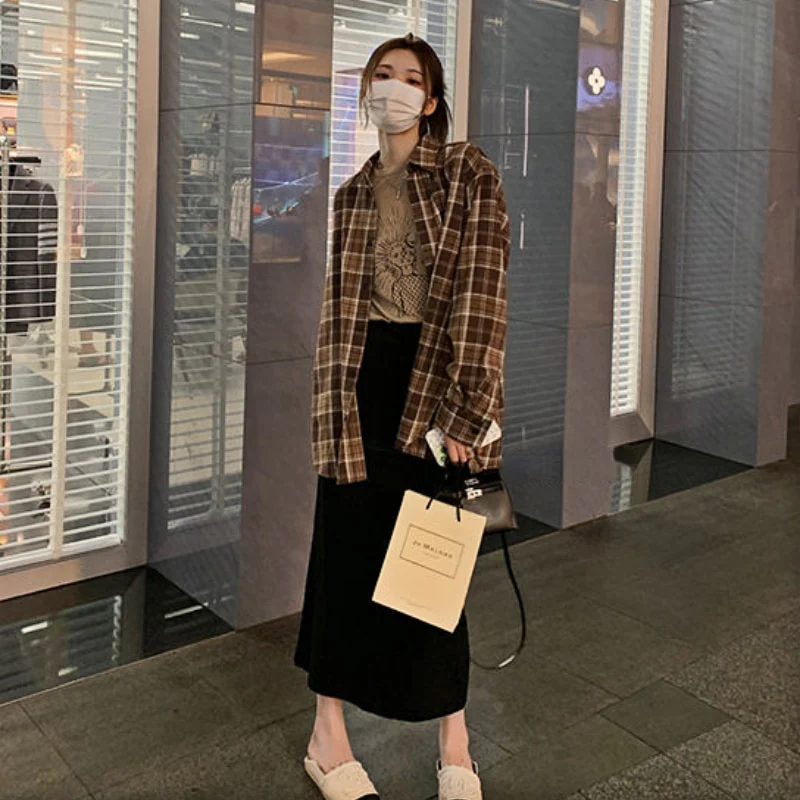 jpyuyuco-Plaid Shirt With Turn-Down Collar