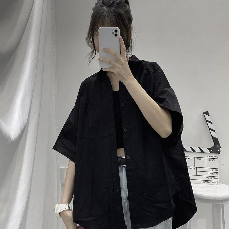 jpyuyuco-Oversized Button-Down Shirt With Wide Half Sleeves