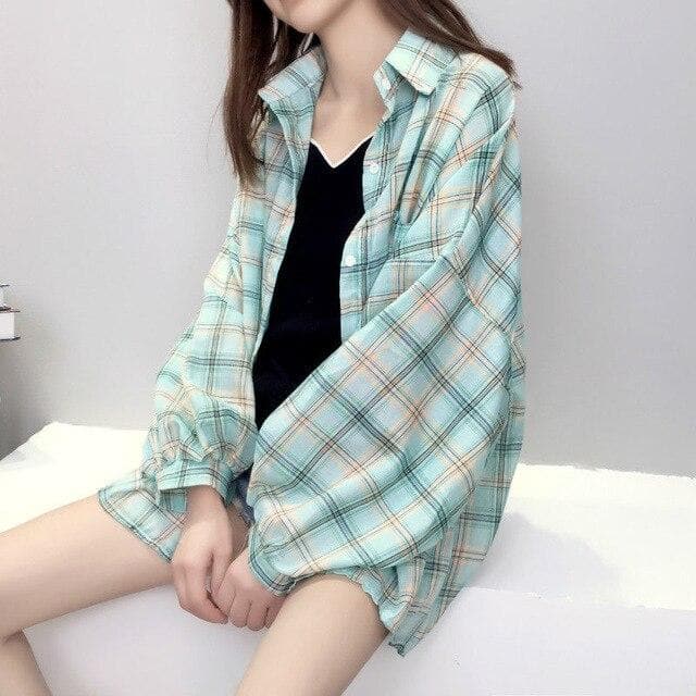 jpyuyuco-Plaid Shirt with Balloon Sleeves