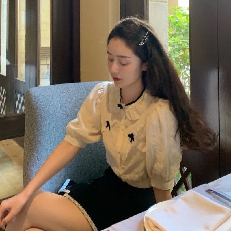 jpyuyuco-Button-Down Blouse With Puff Sleeves And Ribbons