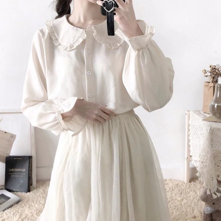 jpyuyuco-Button-Down Blouse With Lantern Sleeves And Frill Accents