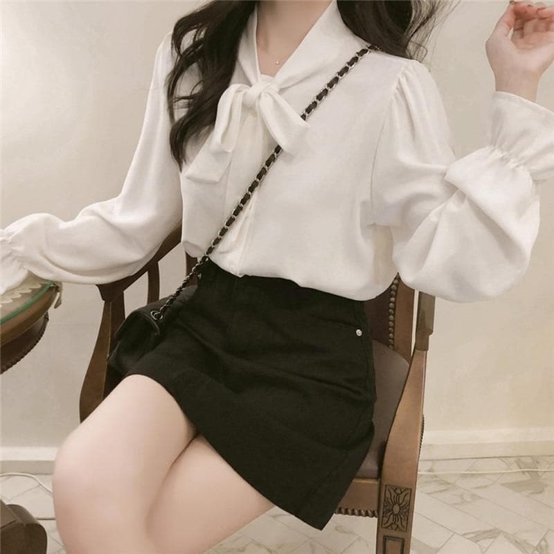 jpyuyuco-Bow Tie Chiffon Blouse