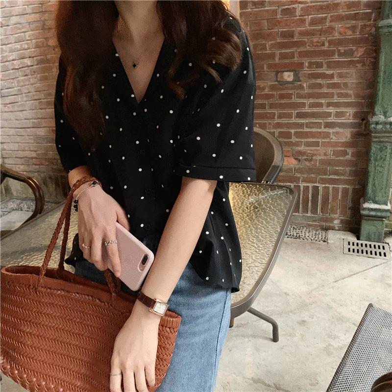 jpyuyuco-Button-Down Shirt With Polka Dots And Turn-Down Collar
