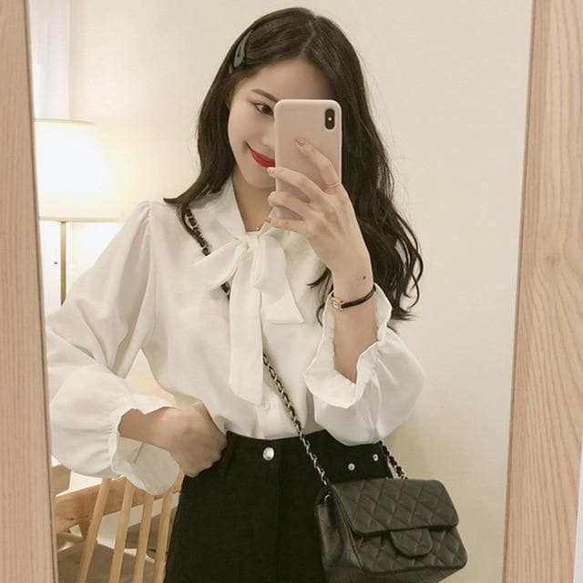 jpyuyuco-Bow Tie Chiffon Blouse