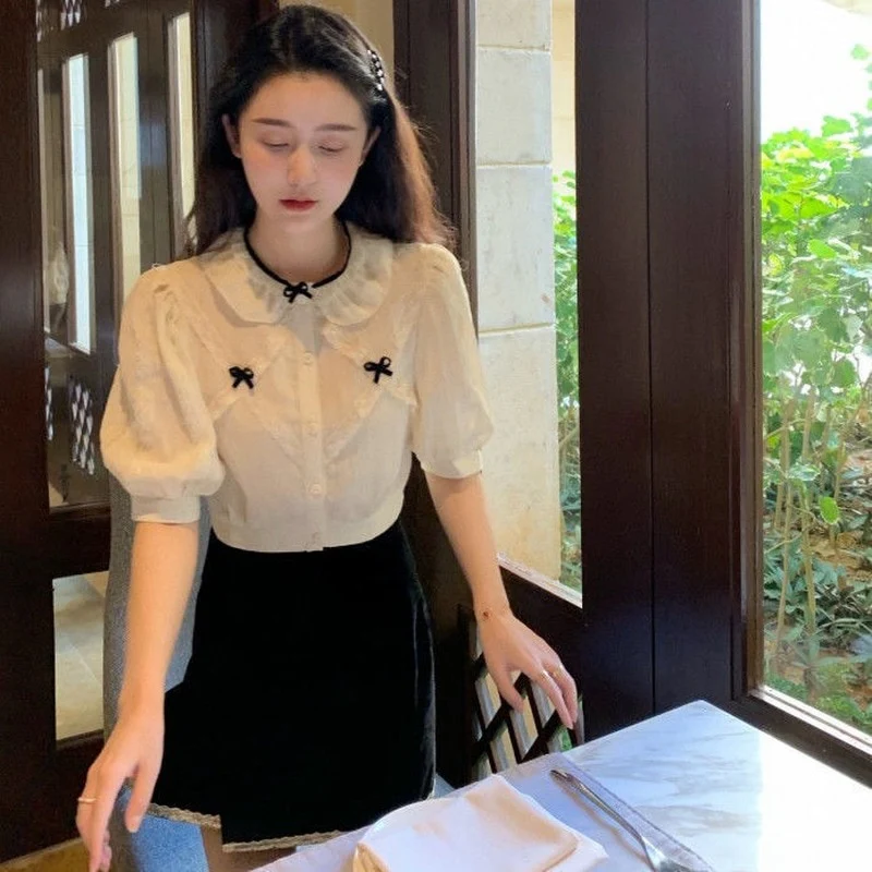 jpyuyuco-Button-Down Blouse With Puff Sleeves And Ribbons