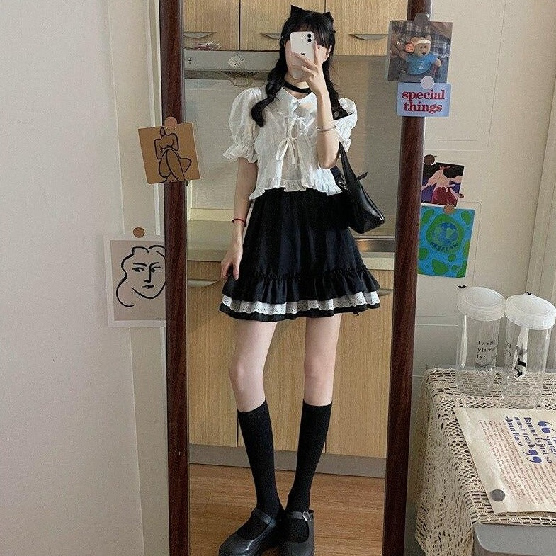 jpyuyuco-Outfit-Set: Cropped Blouse + Mini Skirt (Also Available Separately!)
