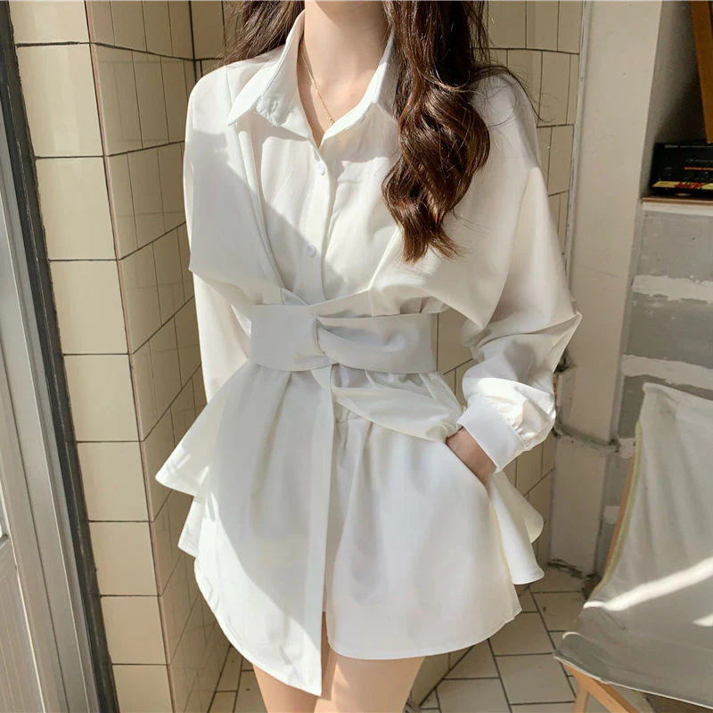jpyuyuco-Buttoned Long Blouse/Dress with Belt Detail