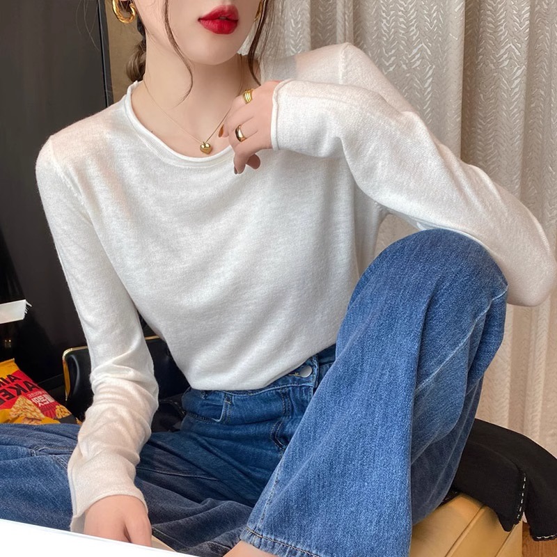 jpyuyuco-Autumn white rolled-edge round neck bottoming shirt