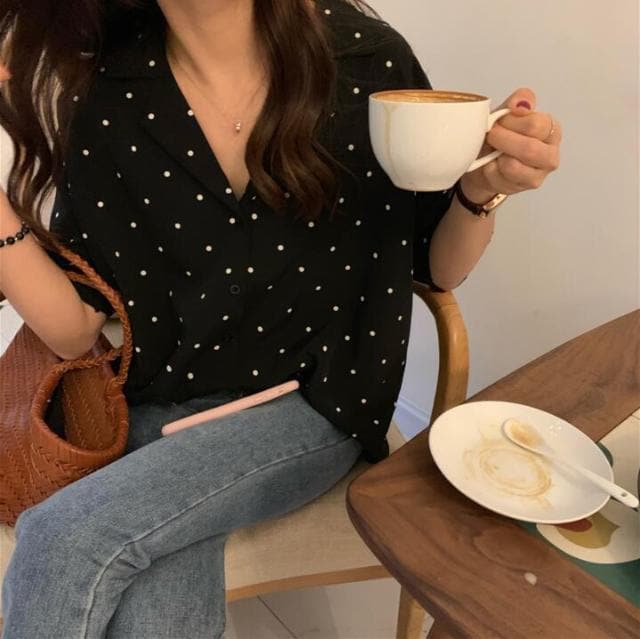 jpyuyuco-Button-Down Shirt With Polka Dots And Turn-Down Collar