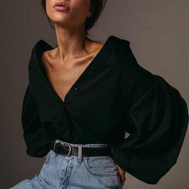 jpyuyuco-Button-Down Blouse With Puff Sleeves