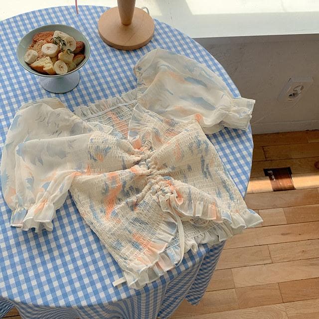 jpyuyuco-Crop Chiffon Blouse With Puff Sleeves