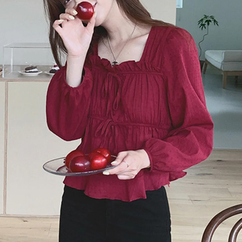 jpyuyuco-Linen-Cotton-Blend Ruffled Top with Ribbon Details