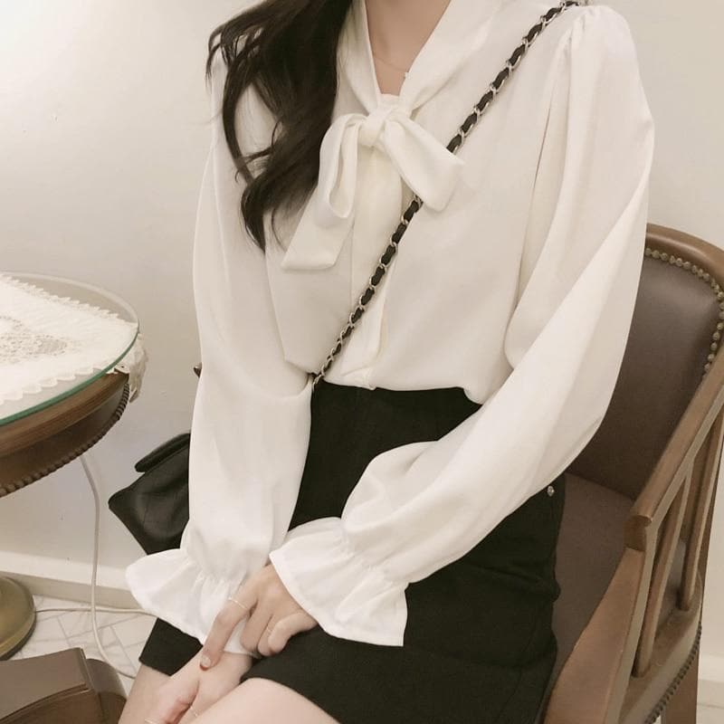 jpyuyuco-Bow Tie Chiffon Blouse