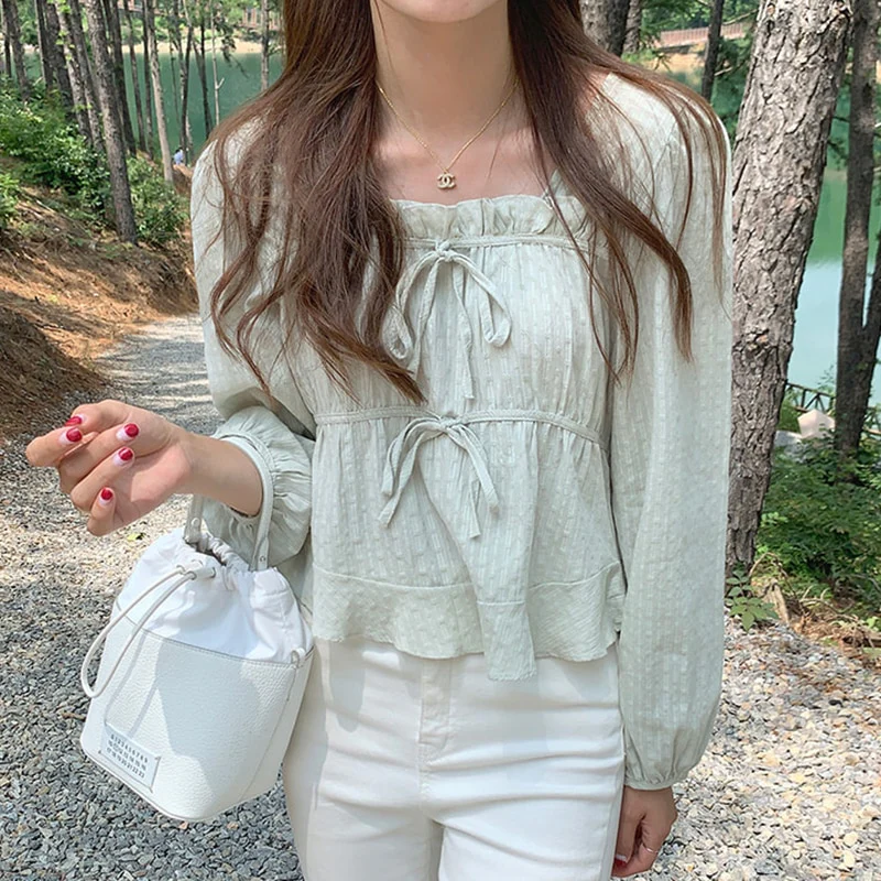 jpyuyuco-Linen-Cotton-Blend Ruffled Top with Ribbon Details