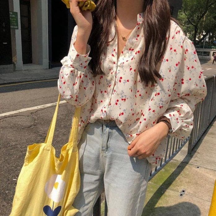 jpyuyuco-Button-Down Blouse With Floral Print